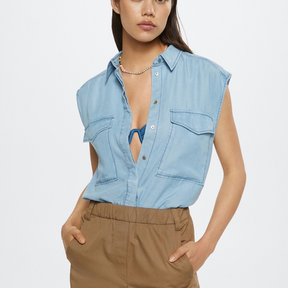 MANGO Lyocell Shirt, Size 2, Color Blue